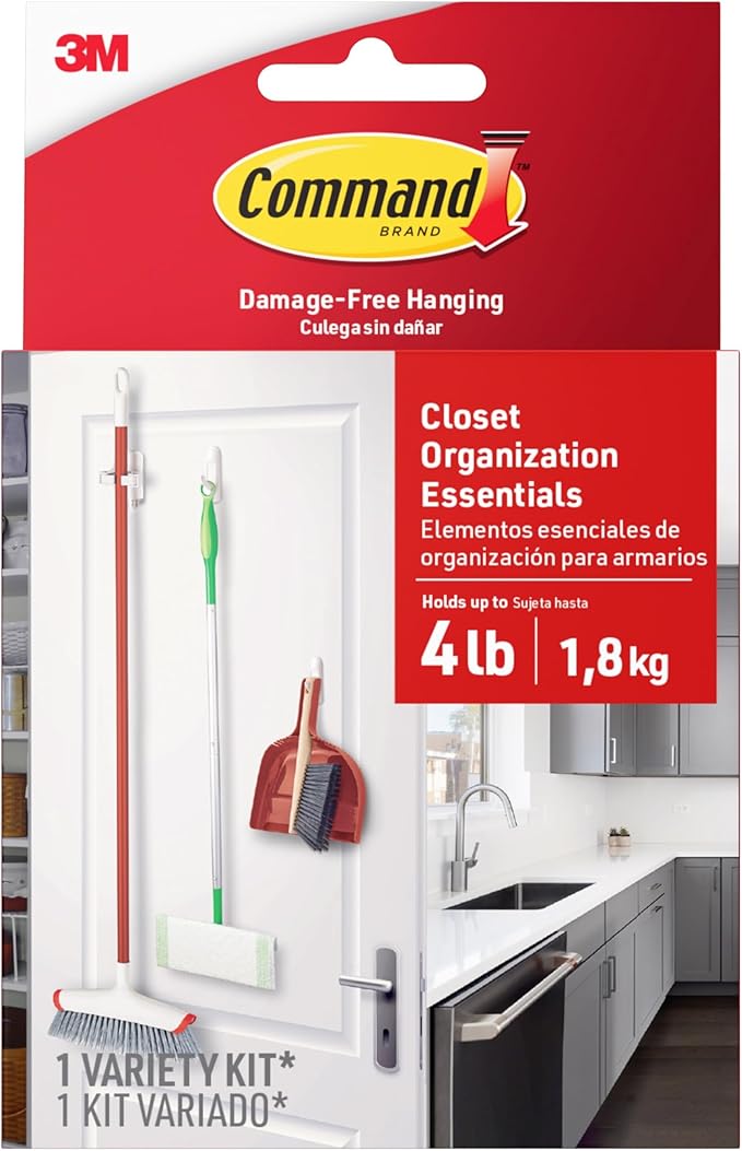Command Closet Organization Essentials, 1 Broom Holder and 2 Utility Hooks, Damage-Free Hanging Household Cleaning Tool Organizer for Closet, Laundry Room, and Kitchen