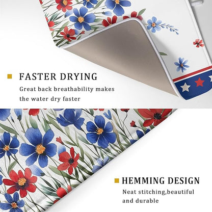 4th of July Dish Drying Mats for Kitchen Counter Summer Flowers Patriotic Kitchen Mats 18x24 Inch Absorbent Microfiber Drainer Mats Independence Day Dishes Pad Quick Dry for Tableware Protector Decor
