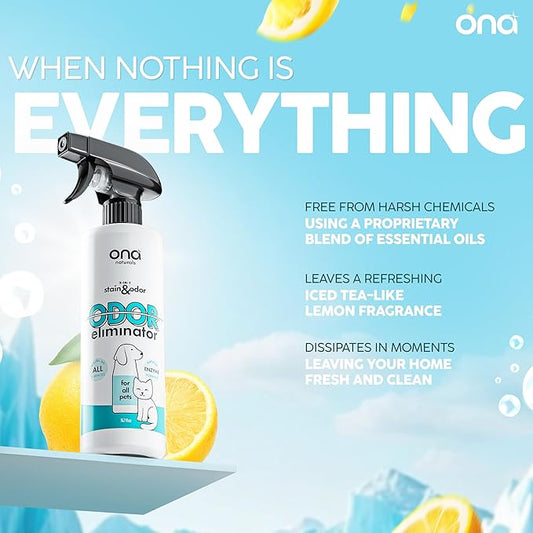 ONA Pet Stain & Odor Eliminator Enzyme Cleaner Spray - Dog & Cat Urine Remover & Deodorizer for Home, Carpet, Furniture & Hardwood Floor - Professional Strength Pet Urine Stain Remover (16oz)