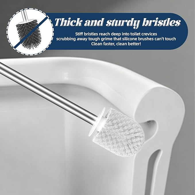 Toilet Brush and Holder Set, 3 Pack Toilet Cleaner Brush, Stainless Steel Toilet Brush with Long Handle for Deep Cleaning Bathroom Accessories White