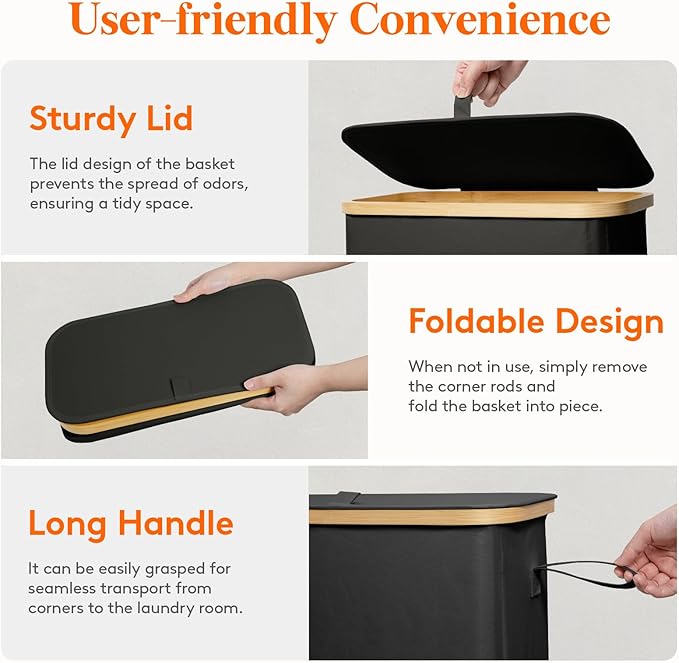 Lifewit 75L Slim Laundry Hamper with Lid, Narrow Laundry Basket with Removable Bag & Bamboo Handles, Fodable Thin Dirty Clothes Hamper for Laundry Collapsible Bin for Bathroom Bedroom Dorm, Black
