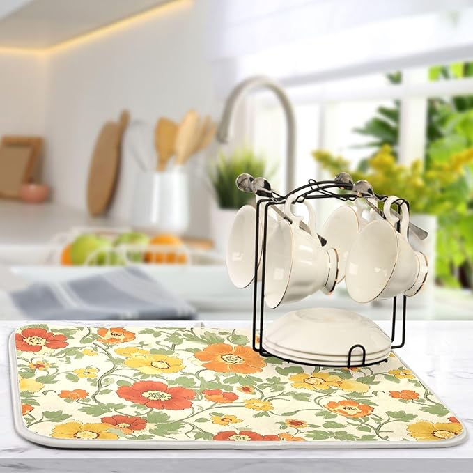 Retro Yellow Orange Flowers Dish Drying Mat for Kitchen Counter Absorbent Microfiber Drying Pad, Large 18x24 in, Reversible Drainer Mats