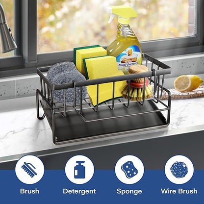 Kitchen Sink Caddy, Sponge Holder for Kitchen, Soap Dish Holder for Countertop, with Dishcloth Hanger Drying Rack, Rustproof 304 Stainless Gadgets Sink Accessories (Black)