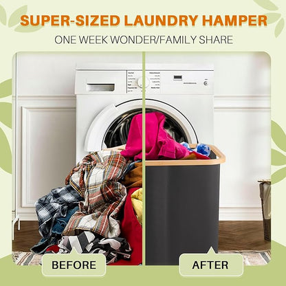 Laundry Hamper with Lid, 160L Dirty Clothes Hamper for Laundry Basket 3 Section, Extra Large Laundry Sorter Hamper 3 Compartment with Removable Inner Bags & Labels, Dark Grey