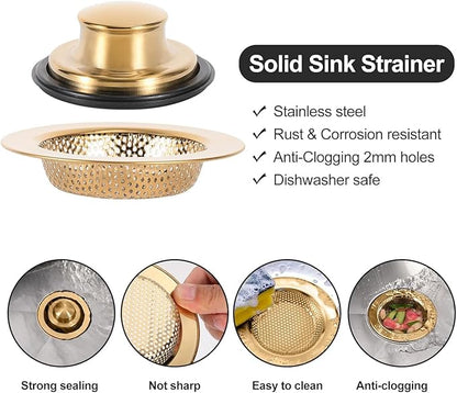 RQYEKDO Kitchen Sink Strainers Sink Stopper Kits, Stainless Steel Sink Drain Strainer Set, Large Wide Rim 4.4" Diameter Food Catcher Garbage Disposal Plug for Most Sink Drains Basket Filter (Gold)