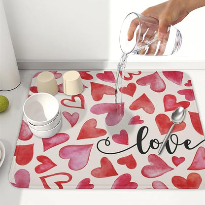 Valentine's Day Dish Drying Mat 16 x 18 Inch Heart Shaped Dish Drying Pad Absorbent Microfiber Mats for Red and Pink Dish Rack Pad for Kitchen Counter Coffee Bar Decor