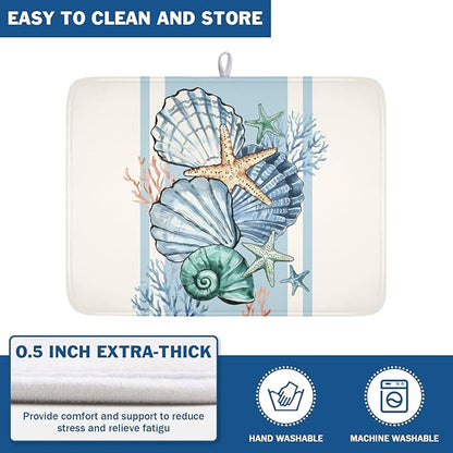Summer Sea Shell Drying Mat 24x18 Inch, Starfish Drying Mat with Absorbent Reversible Microfiber, Coastal Dish Drainer Mats Holiday Ocean Rack Pad for Coffee Countertop Kitchen Protector