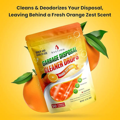 Garbage Disposal Cleaner and Deodorizer Drops Bundle -Orange & Lemon Scented Kitchen Sink Freshener Pods & Drain Odor Eliminator Disposer Care Balls by Bastion