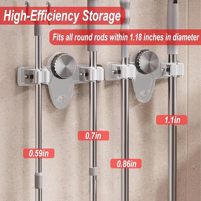 4 Pack Broom Holder Mop Hanger, No Drill Suction Cup Adjustable Organizer with Hooks Broom Hanger Organizer for Bathroom Kitchen Office Utility Room Laundry Home Garden Garage Storage Organizatin Rack