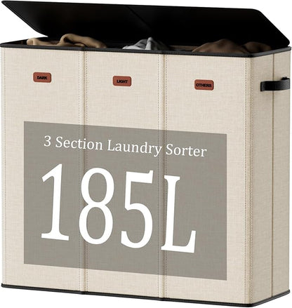 185L Laundry Hamper 3 Section with Lid, Beige Clothes Hamper with 3 Removable Laundry Bags, Large Laundry Basket for Bedroom, Laundry Room, Dorm