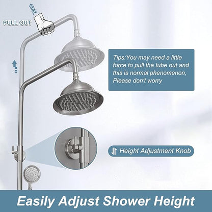BWE Brushed Nickel Shower Faucet Set 8-Inch Rain Shower Head Handheld Sprayer and Rotatable Tub Spout Triple Function Wall Mount Shower Fixture Combo System Stainless Steel
