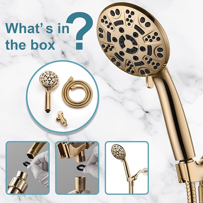 Cobbe 8-Setting Handheld Shower Head with High Pressure Shower Heads - Bathroom Showerhead Set - Detachable Showerhead with 5ft Stainless Steel Hose and Brass Swivel Bracket (Gold)