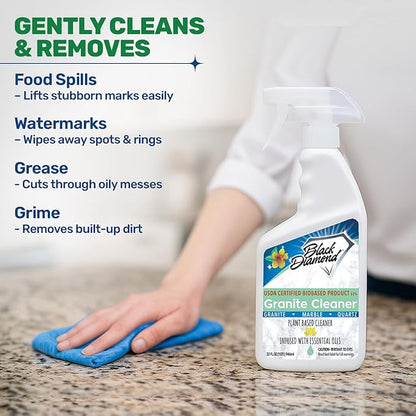 Black Diamond Stoneworks Granite Counter Cleaner: USDA Certified BIOBASED- Safe for Granite and other stone countertops. Safe for food contact formula to keep your countertops looking fresh and clean!