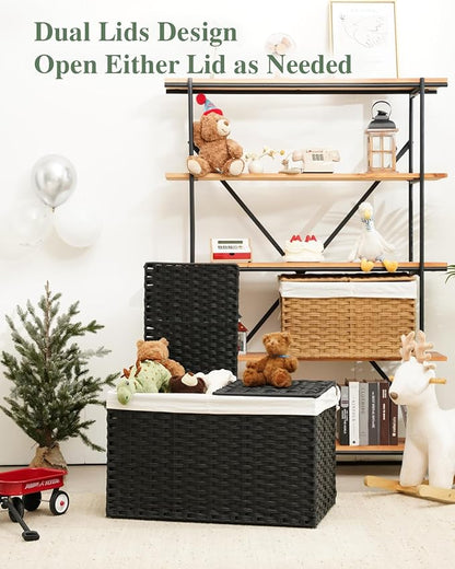 Storage Basket with Lid Wicker Baskets for Storage with 2 Separate Lid 42.3 Gallon (160 L) 29.9 x 17.3 x 18.1 Inches Rattan Woven Large Wicker Basket with 2 Liners for Bedroom Laundry Black