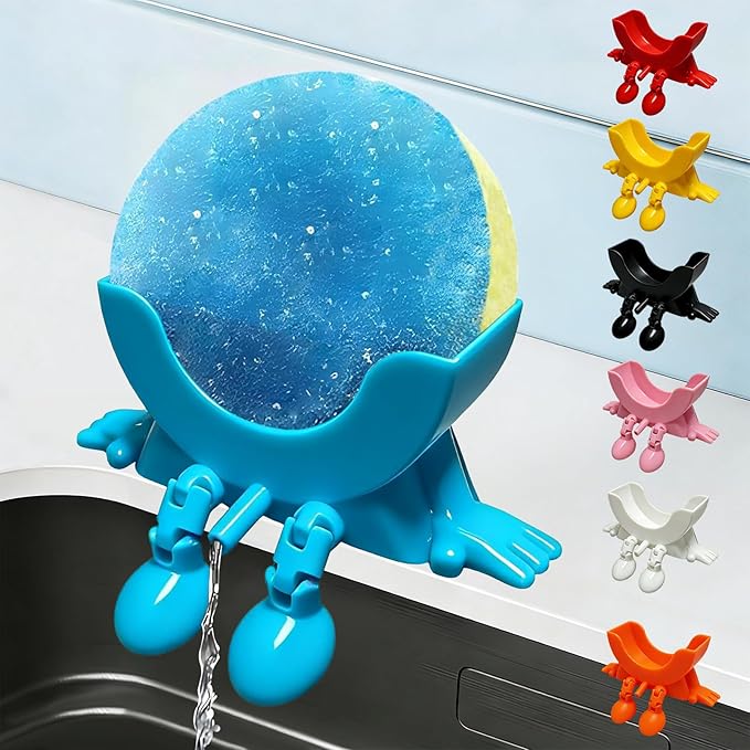 Cute Hanging Sponge Holder with Drainage,3D Printed Kitchen Funny Sponge Stand for Sink,with non-slip pads,Suitable for Scrub Daddy Holder,Keeps Your Sponge Dry Smiling (Blue)
