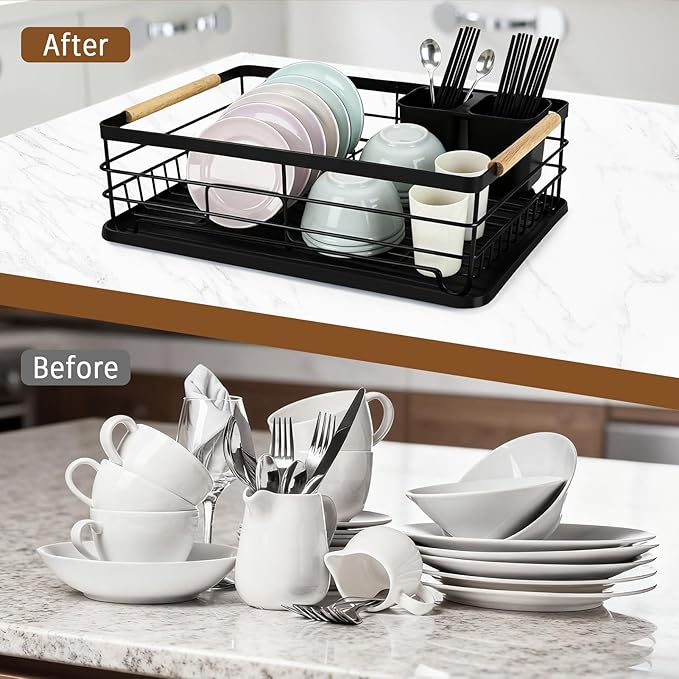 Dish Racks for Kitchen Counter, Thickened Metal Dish Drying Rack with Wooden Handles, Kitchen Countertop Organizer for Dishes, Spoons and Forks, No Assembly, Black, 16.7''*12.6''*5.12''