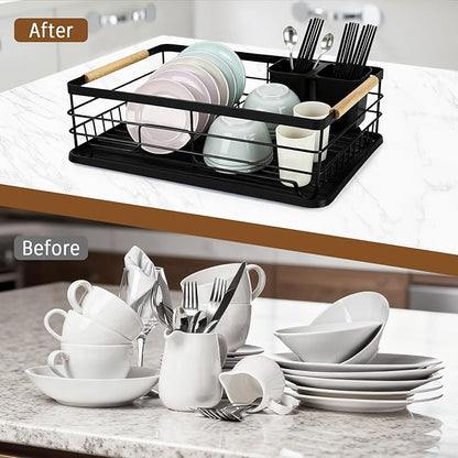 Dish Racks for Kitchen Counter, Thickened Metal Dish Drying Rack with Wooden Handles, Kitchen Countertop Organizer for Dishes, Spoons and Forks, No Assembly, Black, 16.7''*12.6''*5.12''