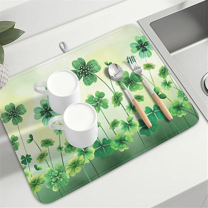 St Patrick's Day Dish Drying Mat for Kitchen Counter Green Lucky Shamrock Pattern Drying Mat 18x24 Inch Spring Holiday Absorbent Dish Drainer Mat Kitchen Accessories