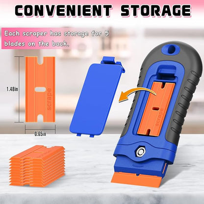 DIYSELF 2 Pcs Plastic Razor Blade Scraper with 10 Pcs Blades, Plastic Scraper Tool for Adhesive Remover, Scrapers for Cleaning Stickers, Decals, Glass, Windows, Car, No Scratches (Blue)