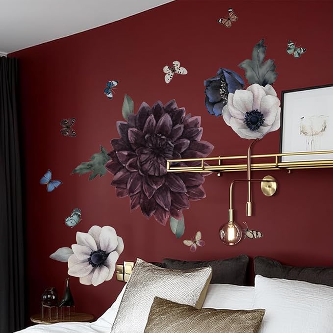 Fabric Peel and Stick Floral Wall Decal, Self-Adhesive Peony Flowers Wallpaper, Black Rose Sticker for Living Room Bedroom Wall Decor, Eden Peony