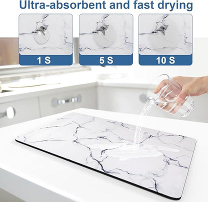 CooRug Marble Pattern Dish Drying Mat, Absorbent Coffee Bar Mat for Kitchen Counter, Non-slip Pad with Rubber Backed, Washable and Easy to Clean 16" x 24" Blue Marble