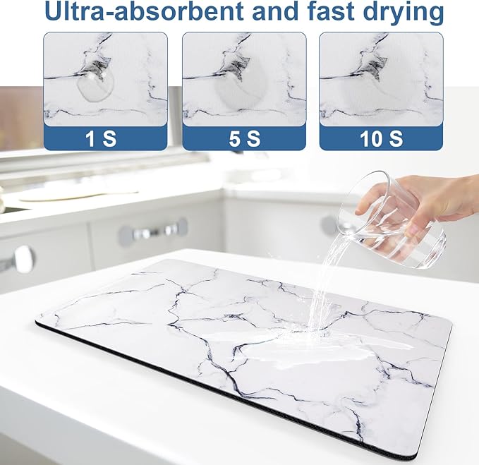 CooRug Marble Pattern Dish Drying Mat, Absorbent Coffee Bar Mat for Kitchen Counter, Non-slip Pad with Rubber Backed, Washable and Easy to Clean 12" x 20" Blue Marble