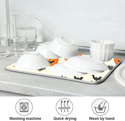 Halloween Black Bat Dish Drying Mat for Kitchen Countertop 18x24 Spooky Evil Pumpkin Lantern Large Drying Mat Reusable Quick Dry Dish Sink Mats Easy Clean Decorative Essentials