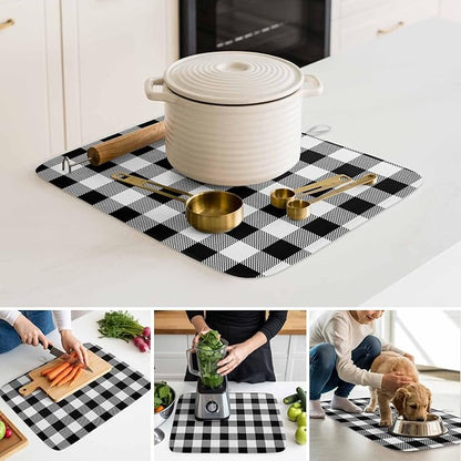 Dish Drying Mat Black Check Plaid Drying Matt for Kitchen Counter Farmhouse Style Absorbent Microfiber Quick Dry Mats Dishes Drainer Home Decorations 16x18 inch