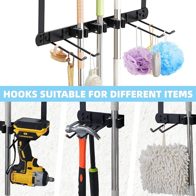 Broom Holder Door Mount,Door Mounted Broom and Mop Holder with Dual Tool Hooks, Three Slots, and One Tool Storage Basket For Laundry Room, Garage, Closet, warehouse, Kitchen Decor (grey)