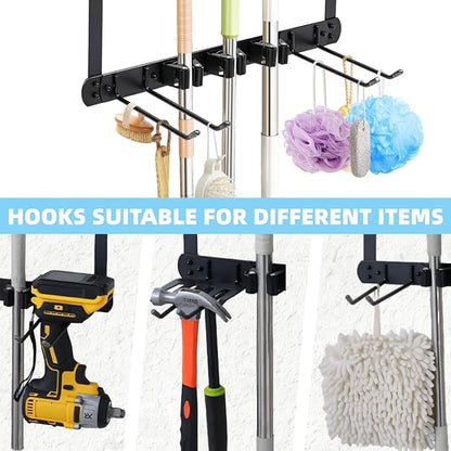 Broom Holder Door Mount,Door Mounted Broom and Mop Holder with Dual Tool Hooks, Three Slots, and One Tool Storage Basket For Laundry Room, Garage, Closet, warehouse, Kitchen Decor (grey)