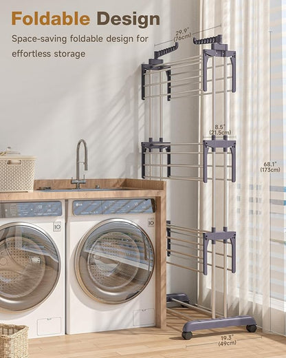 Bigzzia Clothes Drying Rack Folding Drying Rack Clothing 4 Tier Clothes Horses Rack Stainless Steel Laundry Drying Rack with Two Side Wings Grey