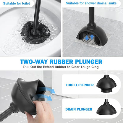 Toilet Plunger and Brush Set, Silicone Bowl Brush and Heavy Duty Toilet Plunger with Ventilated Holder, 2-in-1 Toilet Brush and Plunger Combo for 5.3-inch Toilet Drain Bathroom Deeply Cleaning (Black)