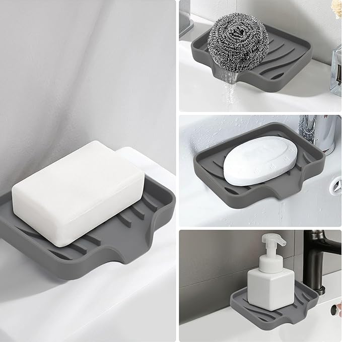 Soap Dish with Drainage, Gray Silicone Soap Holder for Bathroom Sink, 2 Pack