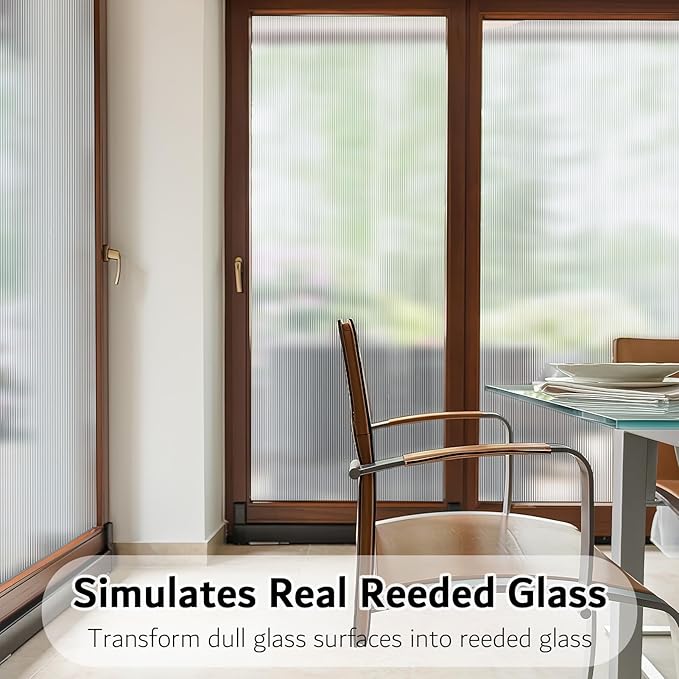 VELIMAX Reeded Glass Privacy Film, Frosted Window Vinyl, 3D Decorative Window Decals Non Adhesive for Bathroom, Living Room 17.7x157.4 inches
