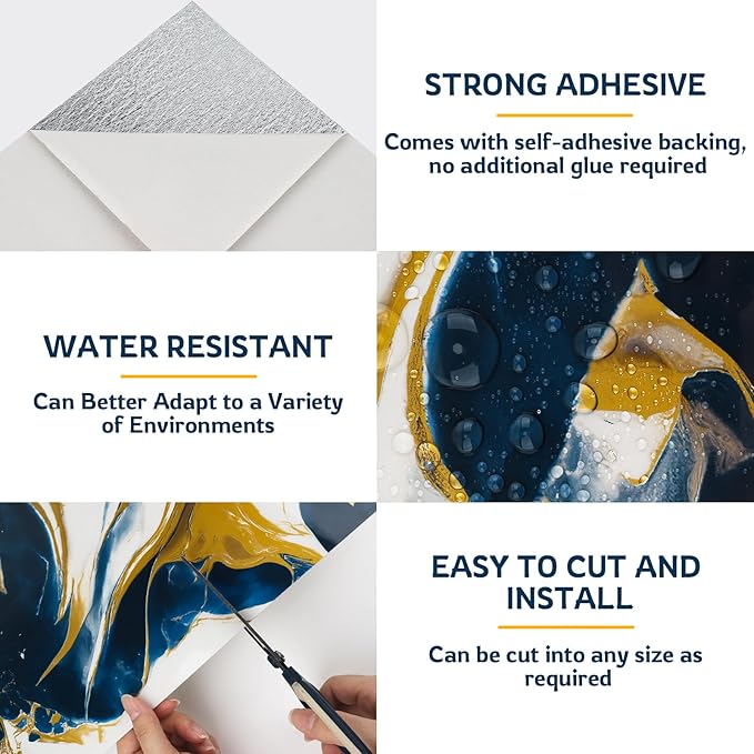 Peel and Stick Wall Panels, Self-Adhesive Waterproof Tile Look Wallpaper, Blue and Gold Marble Design, 2.4mm Thick, 30 Sheets