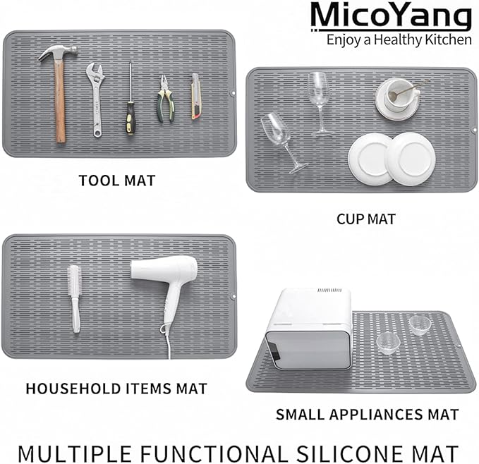 MicoYang Silicone Dish Drying Mat for Multiple Usage,Easy clean,Eco-friendly,Heat-resistant Silicone Mat for Kitchen Counter or Sink,Refrigerator or Drawer Liner Grey 4XL 32 inches x 18 inches