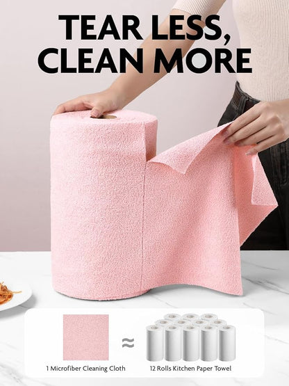 Fantasticlean Microfiber Cleaning Cloth Roll -40 Pack, Tear Away Microfiber Towels, 12" x 12", Reusable, Washable, Lint Free, Ultra Absorbent Dishcloth for Car, Pet, Kitchen Cleaning Supplies (Pink)