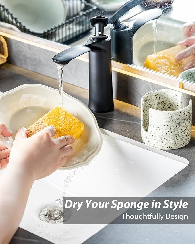 Zoeeker Kitchen Sink Sponge Holder, Dish Sponge Rack Ceramic Brush Holder Farmhouse Kitchen Dish Rack for Brush, Scrubbers, Bathroom, Sink, Speckled Glaze