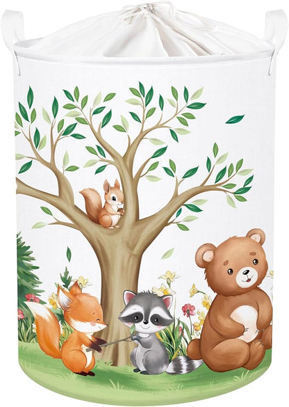Forest Animals Laundry Hamper Woodland Tree Large Storage Basket Parents Organizer Kids Clothes Toy Bins for Bedroom, Bathroom, Bear, 63L