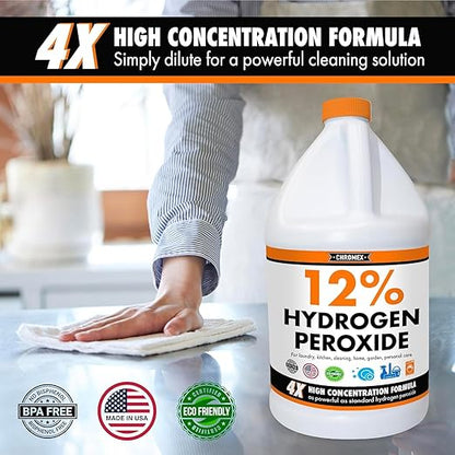 Hydrogen Peroxide 12 Percent Food Grade, 4X Power Concentrated Solution, Versatile Uses Include Topical Care, Home, Kitchen, Bath Cleaner, Laundry, Whitening, 8 Gallons