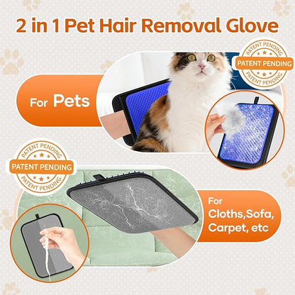 2 in 1 Pet Hair Removal Glove, Upgraded Pet Hair Remover Tool, Gentle Shedding Silicone Magic Brush for Dogs & Cats, Efficient Pet Hair Gloves for Couch Carpet Clothing (Blue)