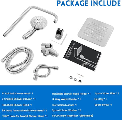 Ryamen Dual Shower Head Combo, 8'' High Pressure Rain Shower Head with Handheld Spray, 6 Settings Handheld Showerhead, 15" Height Adjustable Slide Bar, Angle Adjustable, Chrome Polished