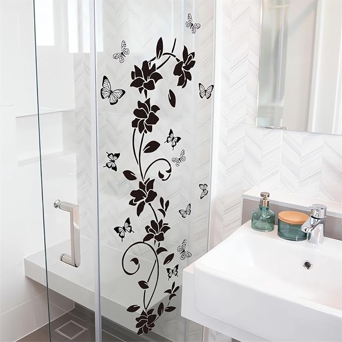 Black Flower Vine Butterfly Wall Stickers, sacinora Simplicity Floral Art Wall Decals Removable Vinyl Peel and Stick for Bathroom Living Room Bedroom Home Decorations