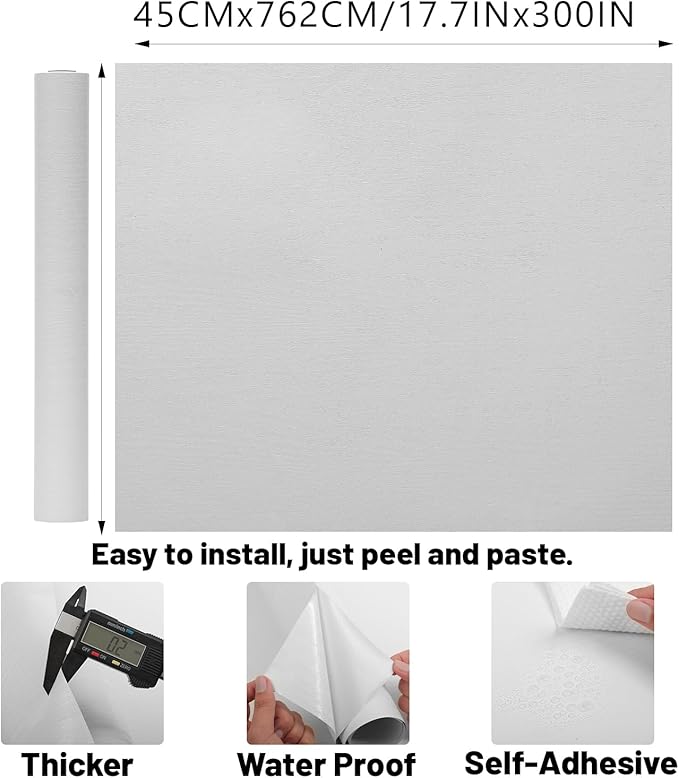 Peel and Stick Wallpaper White Wood Wall Paper - 17.5 x 300 Inch Self Adhesive Wallpaper Peel and Stick, Easy to Paste Wall Contact Paper for Stand Liner, Table and Door Makeover Decor