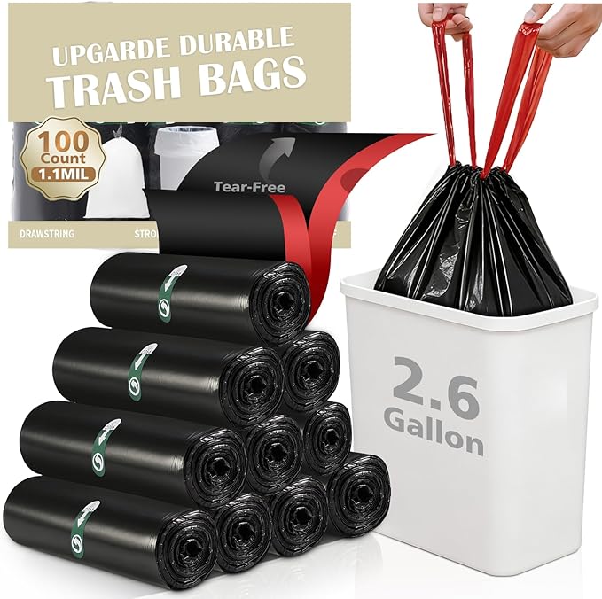 100 Counts 2.6 Gallon Trash Bag Drawstring Small Trash Bags, Thick Pre-separated Garbage Bags, Trash Bin Liners, Suitable for bathroom, kitchen, bedroom, office (Black)