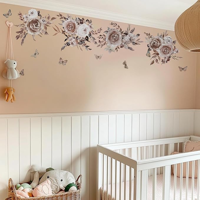 Fabric Peel and Stick Floral Wall Decal, Self-Adhesive Peony Flowers Wallpaper, Rose Sticker for Mother's Day, Mocha Peony