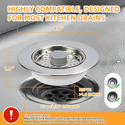 Sink Drain Strainer - Kitchen Sink Stopper, 3 In 1 Kitchen Sink Drain Strainer with Anti-Clogging Basket, Fit US Standard 3-1/2'' Sink Hole
