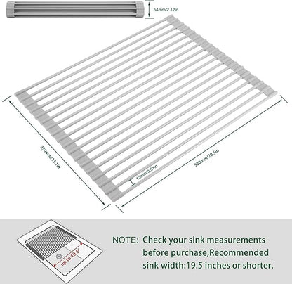 HANZENMA Roll Up Dish Drying Rack Over The Sink Kitchen Roll Up Sink Drying Rack Multipurpose Foldable Sink Drying Mat, Heat-Resistant, Anti-Slip & Anti-Rust Dish Rack for Kitchen, 20.5" x 13", Grey
