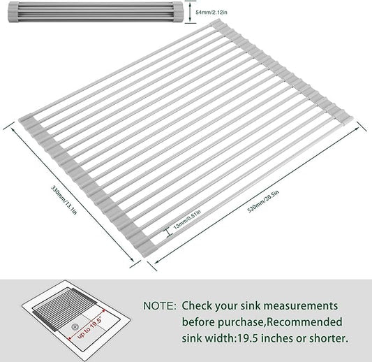 HANZENMA Roll Up Dish Drying Rack Over The Sink Kitchen Roll Up Sink Drying Rack Multipurpose Foldable Sink Drying Mat, Heat-Resistant, Anti-Slip & Anti-Rust Dish Rack for Kitchen, 20.5" x 13", Grey