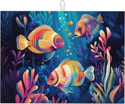 Colorful Fishes Ocean Dish Drying Mats for Kitchen Counter, Absorbent Reversible Microfiber Dish Drying Pad, Multi-Use Large Drying Mat Coffee Bar Accessories 18"x24"